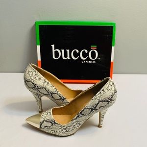 Bucco snakeskin heels